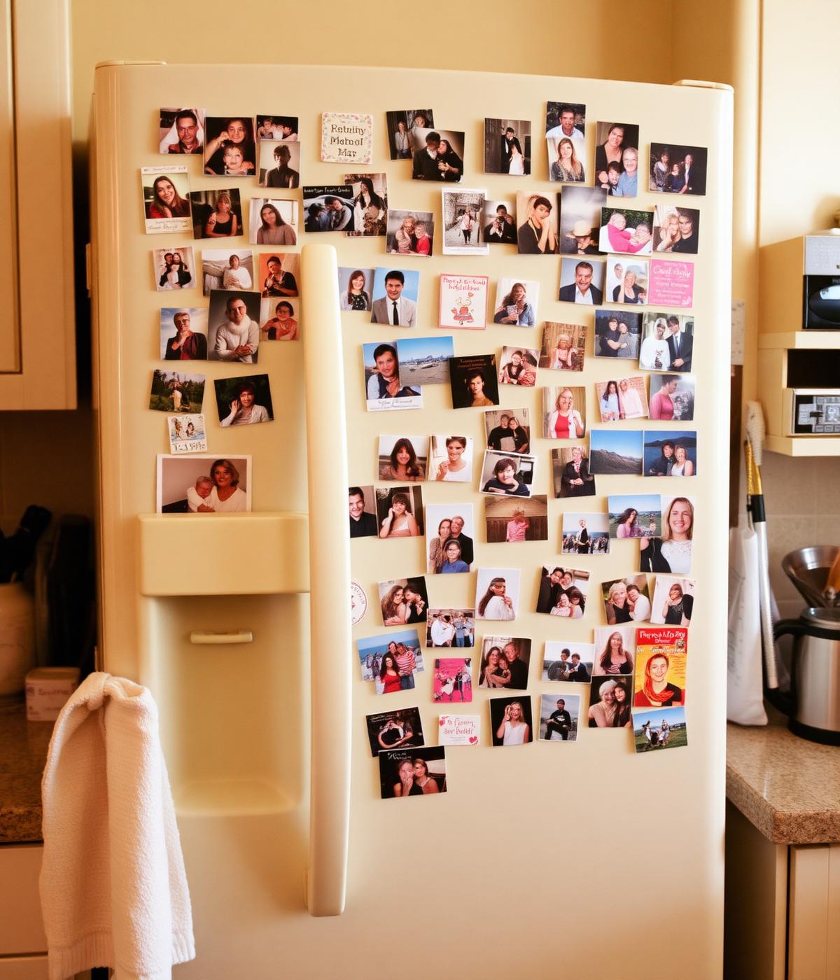 A fridge covered in custom photo magnets