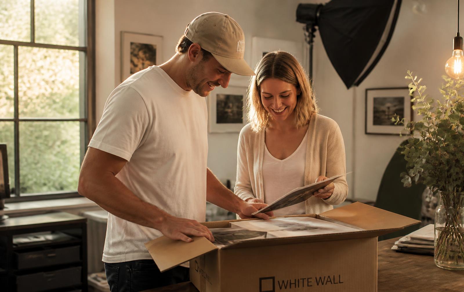 Tami and Andrew unpacking a fresh batch of printed photos in the studio